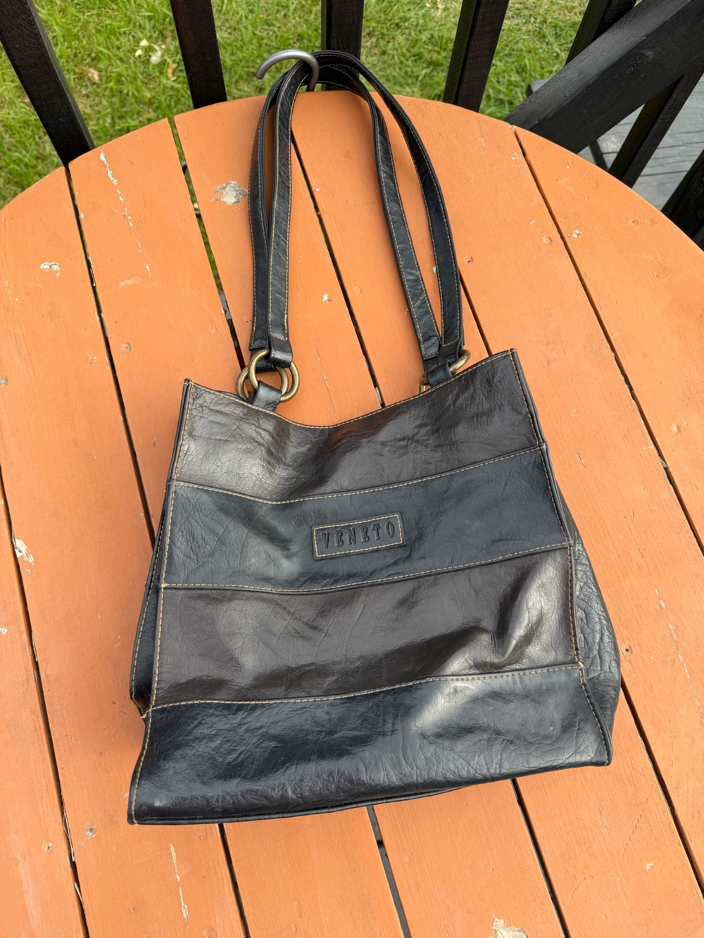 Black Brown Leather Shoulder Bag with Double Straps